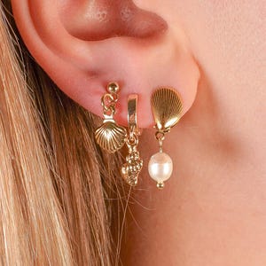 Beach Inspired Earring 3 Piece Stack: Crystal Huggies, Pearl & Shell Dainty Hoops
