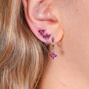 Srebrny i różowy zestaw kolczyków z cyrkonii sześciennej, 3 elementy: kolczyki typu Huggies, kółka, kolczyki wiszące