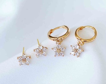 Clear Cubic Zirconia Gold Plated Huggie Hoops And Stud Flower Earring Set