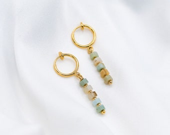 Clip-On Earrings Amazonite Hoops, Gold Clip-On Earrings, Amazonite Earrings, Amazonite Hoops, Gold Plated Hoops