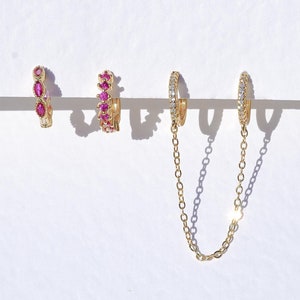 4 Piece Ruby Multi Piercing Earrings - Crystal Huggies, Dainty Hoops, Crystal Earrings, Huggie Hoops Earrings
