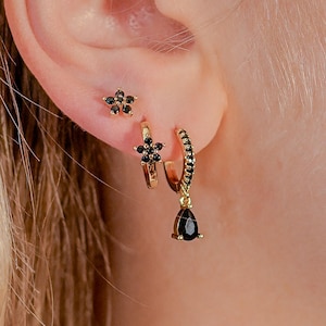 Black Flower 3pc Earrings Stack: Crystal Huggies, Gold Plated Stainless Steel