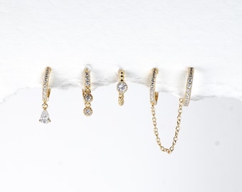 Clear Hoop Gold Plated Earring Set in Gold Huggie Hoop Earrings For Multiple Piercings, 5 Piece Stud Earrings, Multi Piercing, Gift for Her