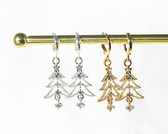 Gold Plated Huggie Hoop Christmas Tree Cubic Zirconia Earrings