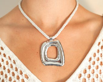 Irregular Square Statement Silver Necklace - Rope Chain, Modern Minimalist
