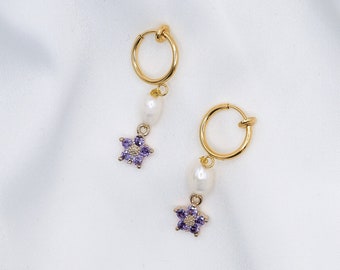 Clip-On Pearl And Amethyst Earrings , Gold Clip-On Earrings, Pearl Earrings, Amethyst Hoops, Gold Plated Hoops