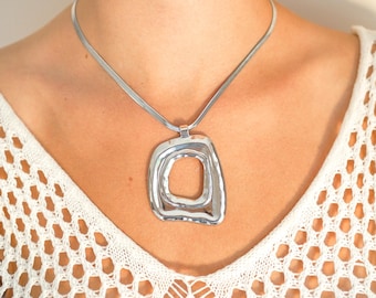 Irregular Square Statement Silver Necklace - Stainless Steel, Snake Chain, Modern Minimalist