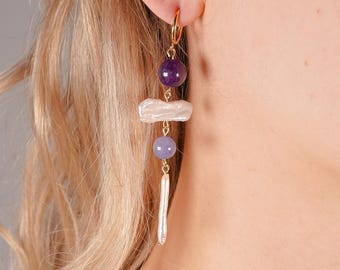 Amethyst, Chalcedony and Biwa Pearl Clip-On Gold Earrings: Chalcedony Earrings, Pearl Clip-Ons, Biwa Jewelry