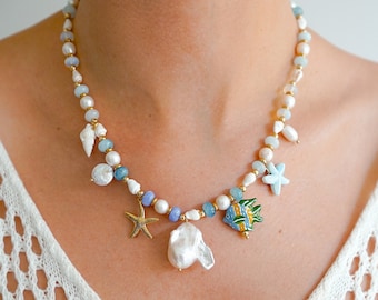 Baroque Pearl, Aquamarine, Blue Jade and Opalite Charm Necklace - Beach Charm Necklace