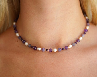 Amethyst And Pearl Necklace - Gemstone Necklace, Crystal Necklace, Gift For Her, February Necklace