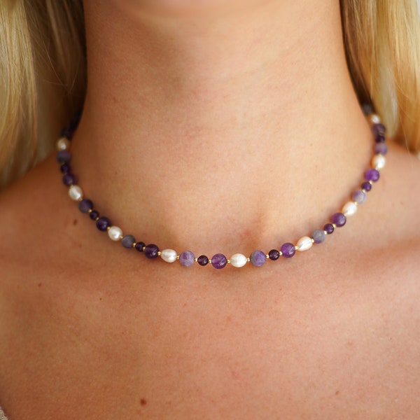 Amethyst And Pearl Necklace - Gemstone Necklace, Crystal Necklace, Gift For Her, February Necklace