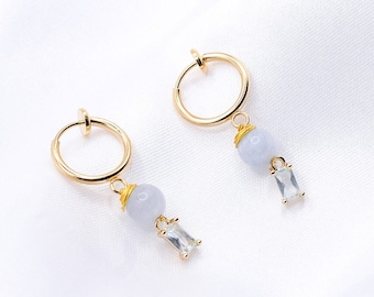 Clip-On Light Blue And Aquamarine Earrings , Gold Clip-On Earrings, Aquamarine Earrings, Blue Hoops, Gold Plated Hoops