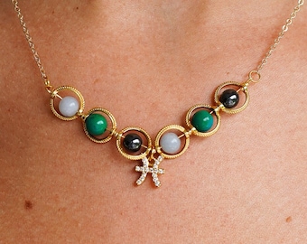 Pisces Aquamarine, Chrysocolla, Hematite  Zodiac Necklace - Crystal Necklace, Pisces Necklace, Birthday Gift