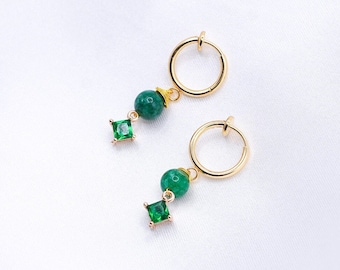 Clip-On Emerald And Jade Earrings , Gold Clip-On Earrings, Jade Earrings, Green Hoops, Gold Plated Hoops