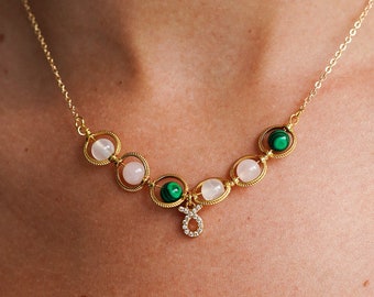Taurus Rose Quartz, Selenite, Malachitz Gold Plated Necklace - Zodiac Necklace, Gemstone Necklace, Taurus Necklace, Birthday Gift