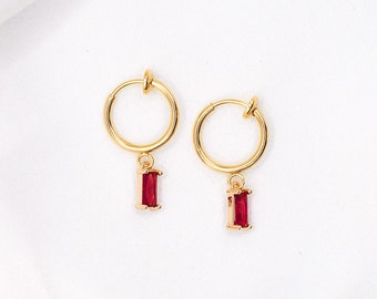 Ruby Clip-On Earrings Crystal Hoops, Gold Clip-On Earrings, Hot Pink Cubic Zirconia Earrings, Red Clip Hoops, Gold Plated Hoops