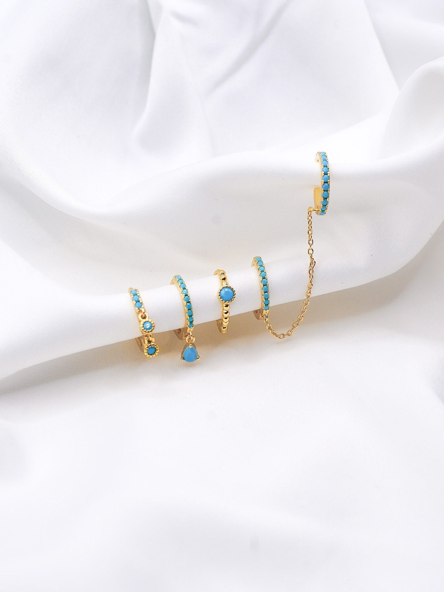 Turquoise Hoop Gold Plated Earrings in Gold Huggie Hoop Earrings, 5 Piece Stud Earrings, Multi Piercing, Gift for Her,  Hand Assembled
