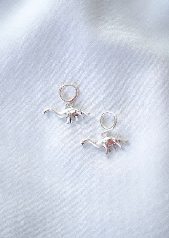 Silver Plated Huggie Hoop Brontosaurus Dinosaur Earrings UK