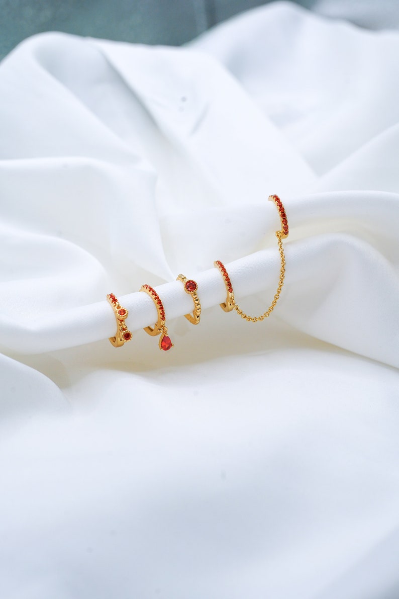 Orange Hoop Gold Plated Earring Set in Gold Huggie Hoop Earrings, 5 Piece Stud Earrings, Multi Piercing, Gift for Her image 8