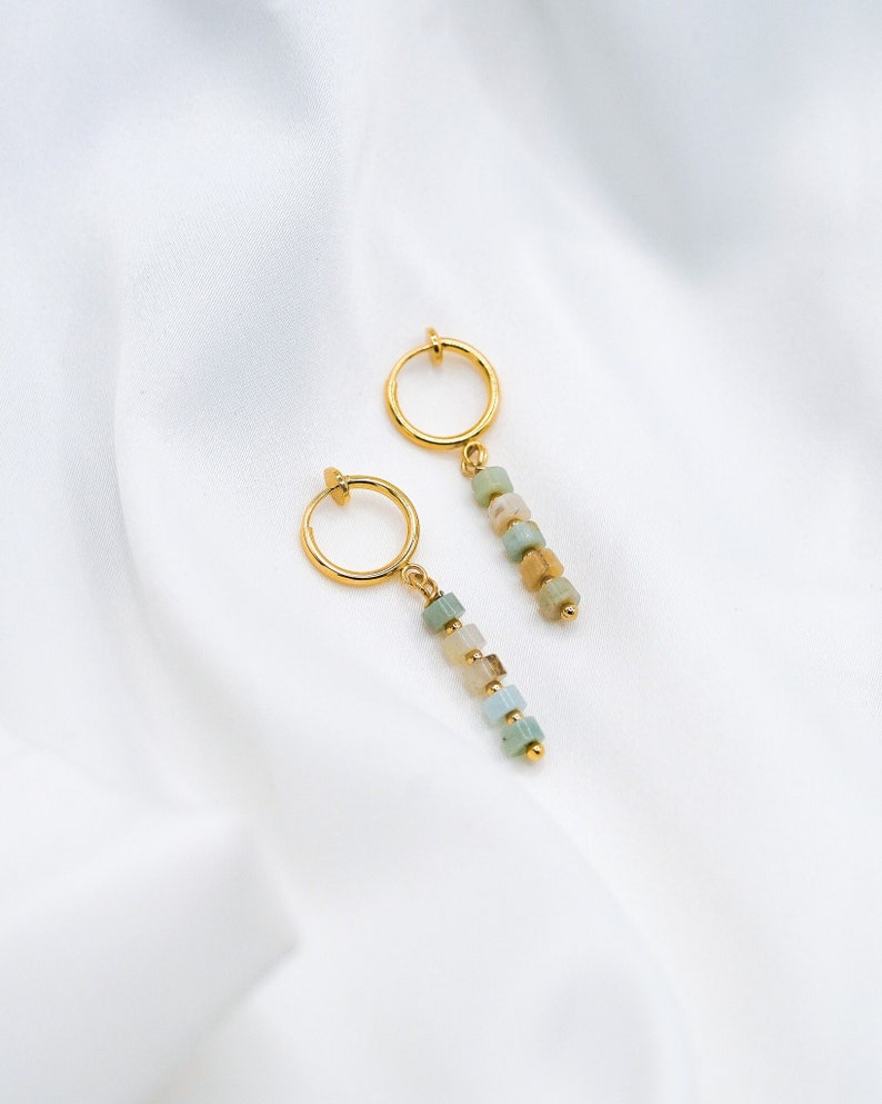 Clip-On Earrings Amazonite Hoops, Gold Clip-On Earrings, Amazonite Earrings, Amazonite Hoops, Gold Plated Hoops image 1