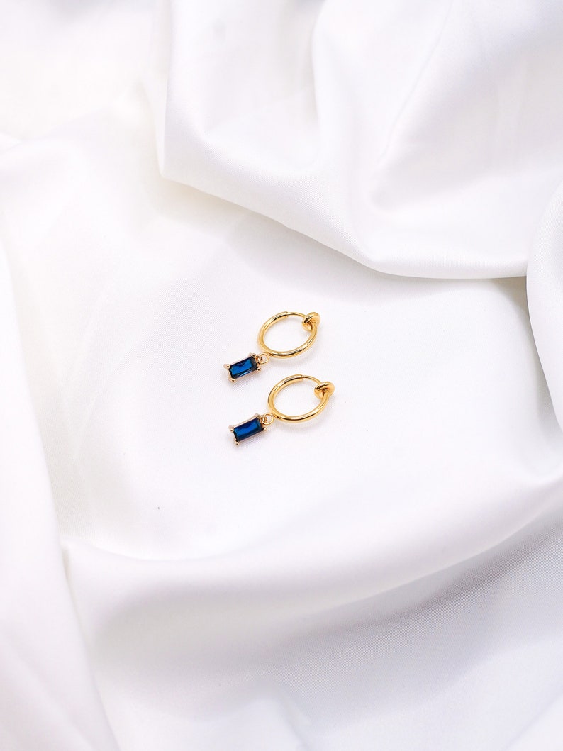 Sapphire Clip-On Earrings Crystal Hoops, Gold Clip-On Earrings, Cubic Zirconia Earrings, Blue Clip Hoops, Gold Plated Hoops image 6