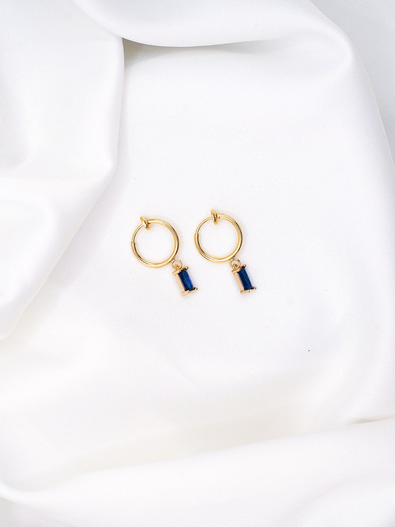 Sapphire Clip-On Earrings Crystal Hoops, Gold Clip-On Earrings, Cubic Zirconia Earrings, Blue Clip Hoops, Gold Plated Hoops image 1