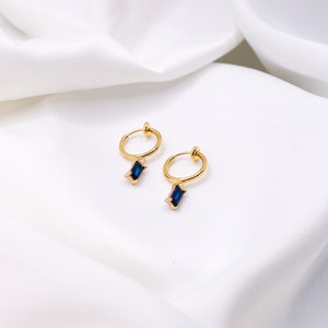 Sapphire Clip-On Earrings Crystal Hoops, Gold Clip-On Earrings, Cubic Zirconia Earrings, Blue Clip Hoops, Gold Plated Hoops image 4