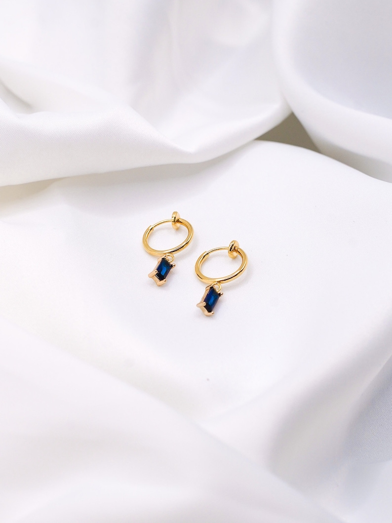 Sapphire Clip-On Earrings Crystal Hoops, Gold Clip-On Earrings, Cubic Zirconia Earrings, Blue Clip Hoops, Gold Plated Hoops image 4