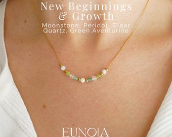 New Beginnings & Growth Crystal Necklace: Peridot, Green Aventurine, Clear Quartz, Moonstone