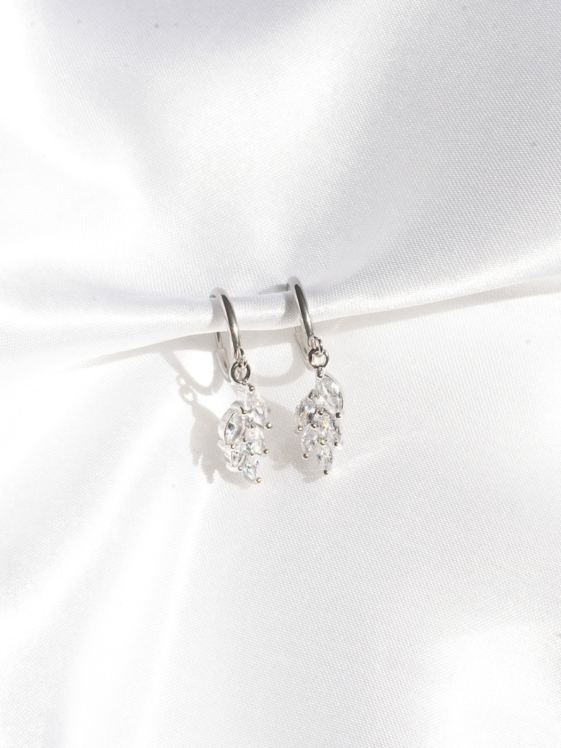 Clip-On Stainless Steel Silver Leaf Crystal Earrings Silver Clip-On Earrings, Crystal Clip-On Earrings, Clip-On Leaf Earrings image 1