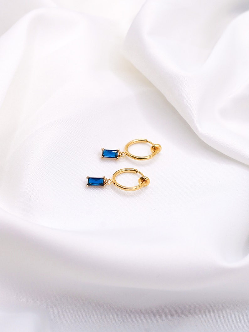 Sapphire Clip-On Earrings Crystal Hoops, Gold Clip-On Earrings, Cubic Zirconia Earrings, Blue Clip Hoops, Gold Plated Hoops image 3