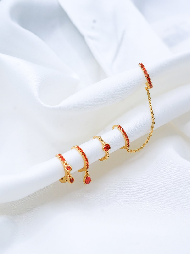 Orange Hoop Gold Plated Earring Set in Gold Huggie Hoop Earrings, 5 Piece Stud Earrings, Multi Piercing, Gift for Her image 7