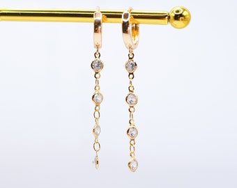 Cubic Zirconia Gold Plated Hanging Hoop Earrings - Crystal Hanging Hoops, Gold Hanging Earrings