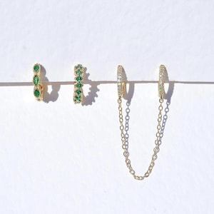 4 Piece Emerald Multi Piercing Earrings - Crystal Huggies, Dainty Hoops, Crystal Earrings, Huggie Hoops Earrings, Jade Earrings