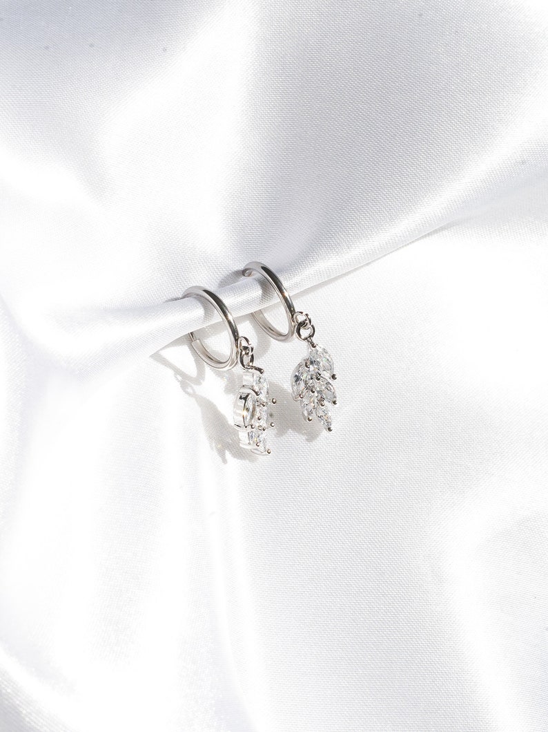 Clip-On Stainless Steel Silver Leaf Crystal Earrings Silver Clip-On Earrings, Crystal Clip-On Earrings, Clip-On Leaf Earrings image 4