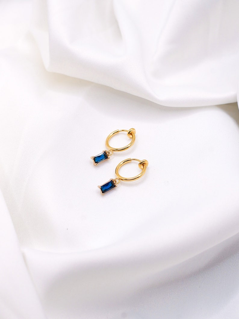 Sapphire Clip-On Earrings Crystal Hoops, Gold Clip-On Earrings, Cubic Zirconia Earrings, Blue Clip Hoops, Gold Plated Hoops image 2
