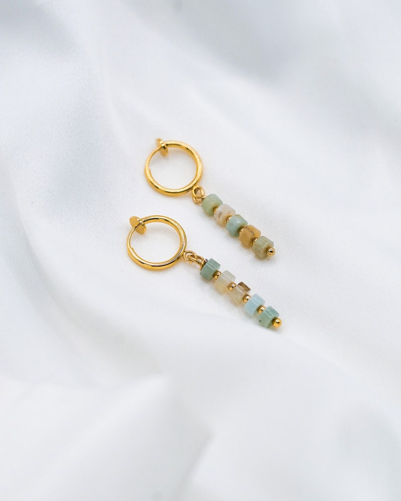 Clip-On Earrings Amazonite Hoops, Gold Clip-On Earrings, Amazonite Earrings, Amazonite Hoops, Gold Plated Hoops image 4