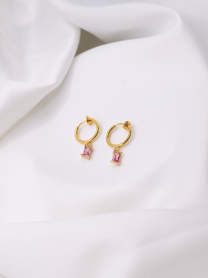 Light Pink Clip-On Earrings Crystal Hoops, Gold Clip-On Earrings, Pink Cubic Zirconia Earrings, Baby Pink Clip Hoops, Gold Plated Hoops image 3