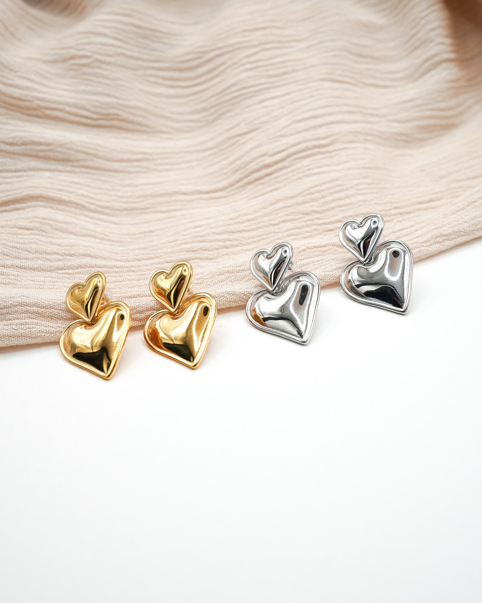 Gold and Silver Heart Drop Earrings - Love Jewelry, Heart