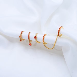 Orange Hoop Gold Plated Earring Set in Gold Huggie Hoop Earrings, 5 Piece Stud Earrings, Multi Piercing, Gift for Her image 2
