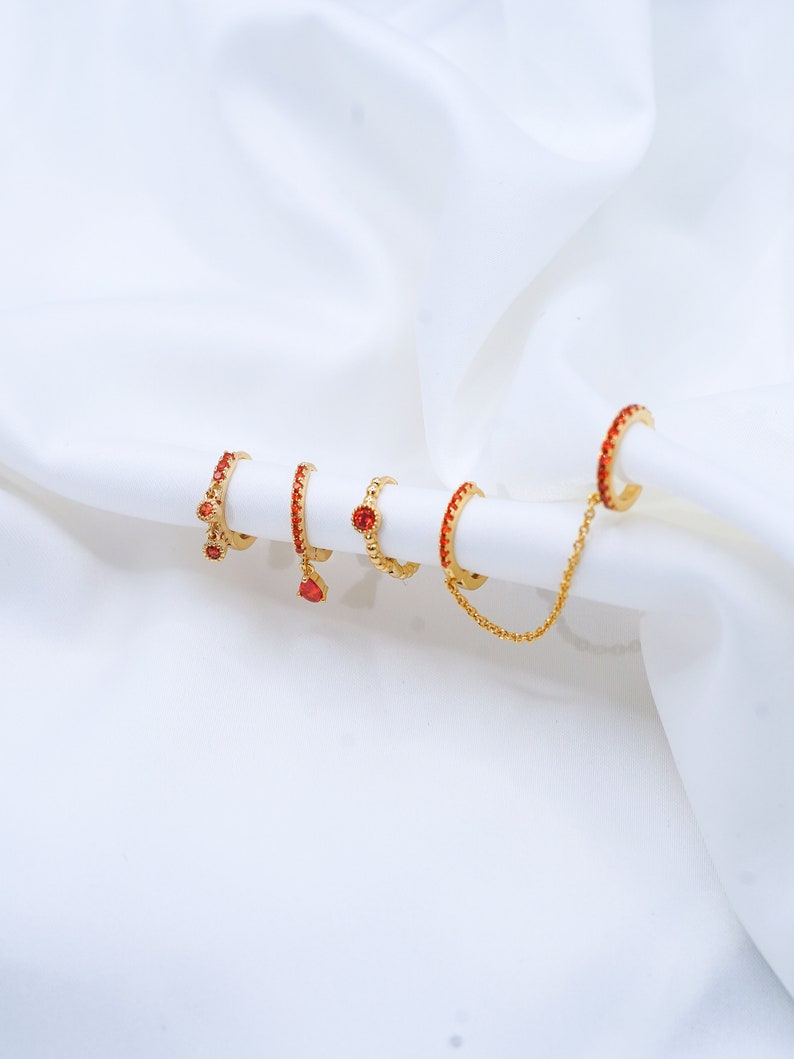 Orange Hoop Gold Plated Earring Set in Gold Huggie Hoop Earrings, 5 Piece Stud Earrings, Multi Piercing, Gift for Her image 2