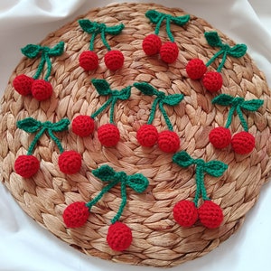 Crochet Cherry Applique, Handmade 3D Crochet Cherries, Embroidered Fruit Patchwork, Crochet Cherry Ornament, Cherry Decorations for Crafts