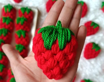 Crochet Strawberry Appliques – Strawberry Crochet Patch, Handmade Yarn Embellishments for Sewing & Crafts, Fruit Ornaments
