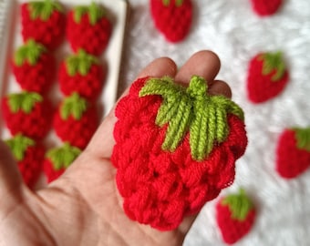 Crochet Strawberry Appliques – Strawberry Crochet Embellishments, Fruit Applique, Kawaii Strawberry Patch, DIY Craft Supplies