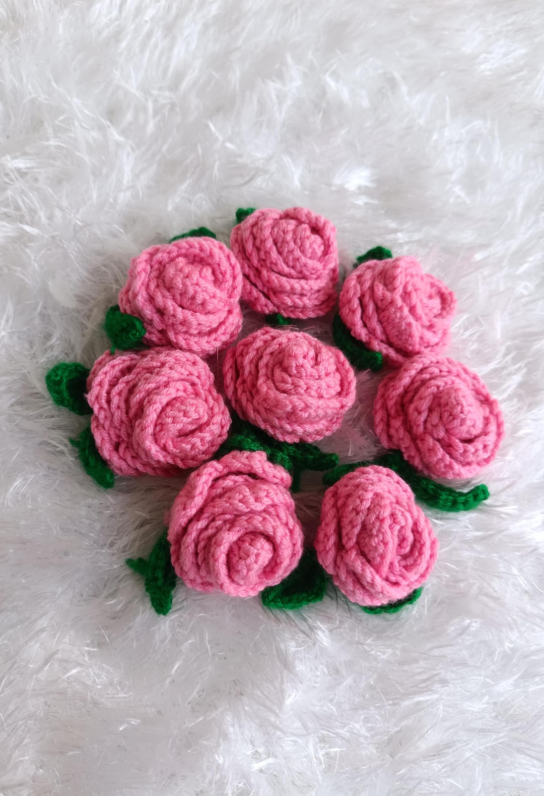 Pink Crochet Roses Crochet Puffy Pink Rose Applique, Hand Knitted Pink Rose, Gift Knitted ...