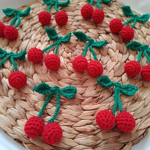 Aplique de cereza de ganchillo 3D – Adorno de fruta hecho a mano, parche de cereza de ganchillo, lindo adorno de cereza para manualidades, decoraciones para baby shower