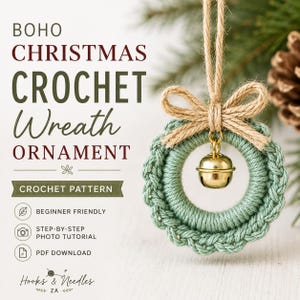 Boho Crochet Christmas Wreath Ornament Pattern PDF, Beginner Holiday Decoration