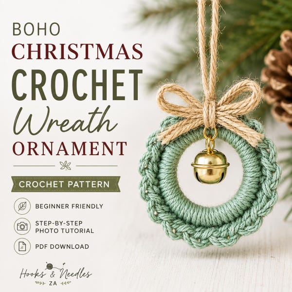 Boho Crochet Christmas Wreath Ornament Pattern PDF, Beginner Holiday Decoration