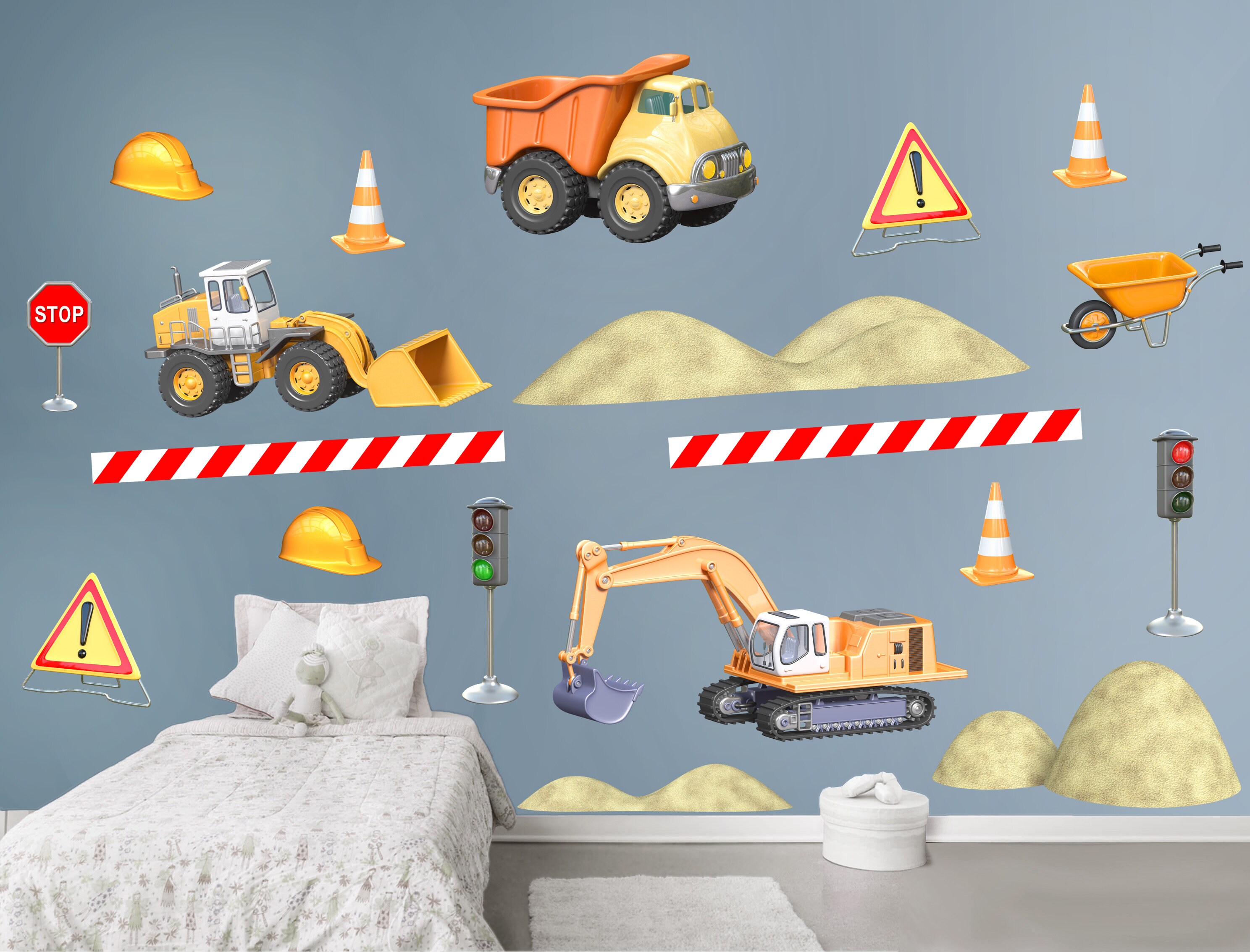 stickers Mural Planche Engins de Chantiers, Decoration Chambre Garçon, Travaux Publics, Caterpillar,