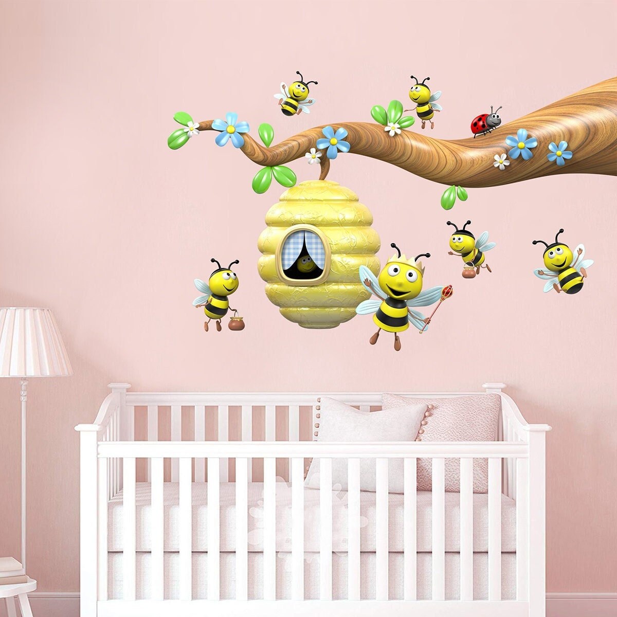stickers Mural Ruche Abeille et Coccinelle sur Branche d'arbre - Décor Chambre d'enfant A007